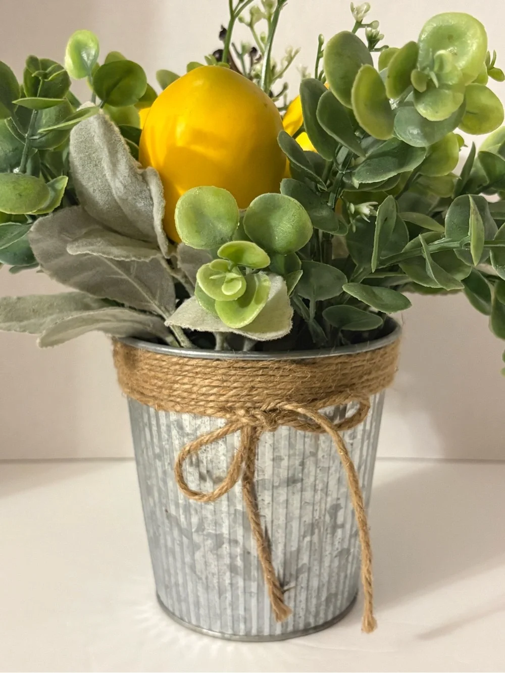 Artificial Eucalyptus & Lemon Arrangement Centerpiece in Galv Metal Pot Cottage